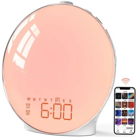 Farbenfrohes Wecklicht, simuliert Sonnenaufgang und Sonnenuntergang, RGB-Stimmungsbeleuchtung, multifunktionale Nachttischlampe, Nachtlicht mit weißem Rauschen, fördert den Schlaf. (1/5)