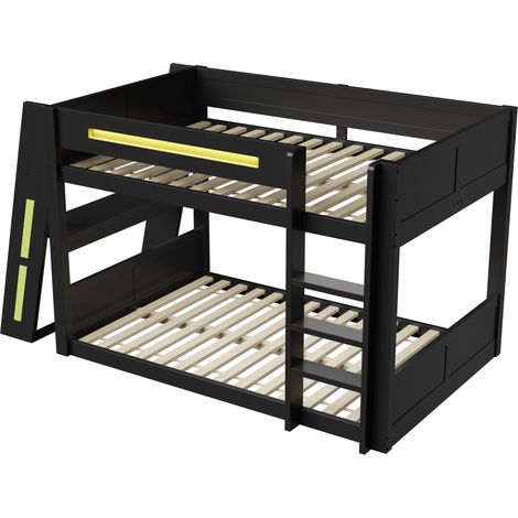 Cama alta gamer de madera 140 x 200 cm con escritorio, almacenaje, USB y LED, negro y verde (1/5)