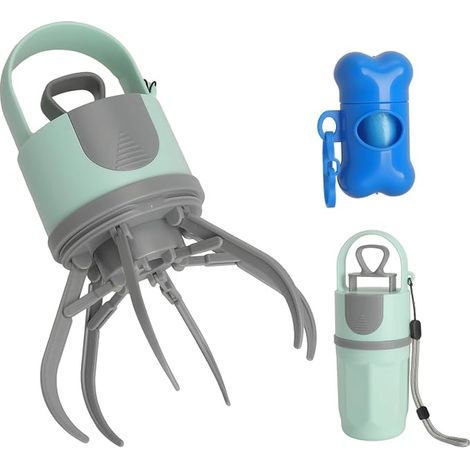 Dog Poop Scooper with Trash Bag Dispenser, Foldable Dog Cat Poop Scoop, Portable 6 Claw Poop Clip with Cord for Walks Camping and Outdoors (1/5)