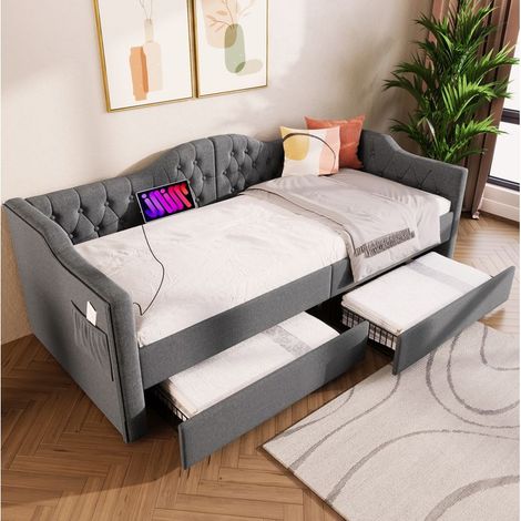 MEUBLIV Lit banquette rembourré gris avec tte de lit capitonne deux tiroirs ports USB et type C 90 x 190 cm en lin (1/5)