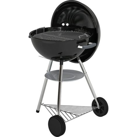 Barbecue portable au charbon de bois, barbecue rond d'extérieur avec couvercle, thermomètre et roues, noir.