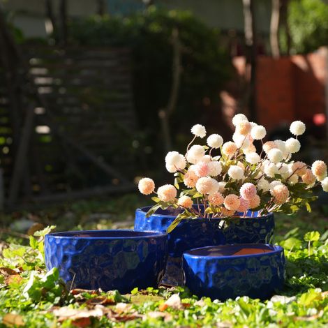 Ensemble de 3 Pots de Fleurs en Céramique, Surface Martelée Bleu Cobalt, 38,1/30,5/25,4 cm, Idéal pour Plantes Grasses et Violettes, Intérieur/Extérieur
