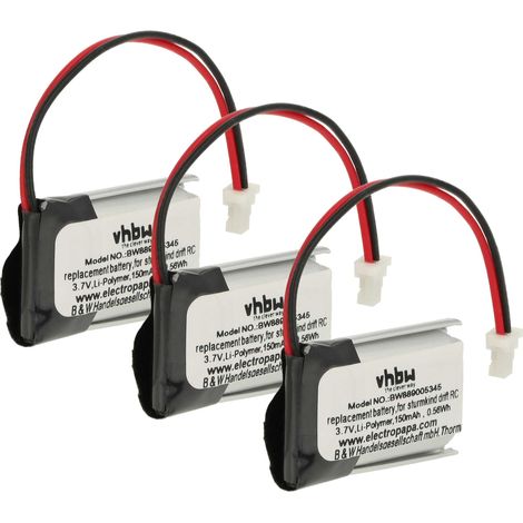 vhbw 3x Batería reemplaza Sturmkind DRFT 05011 para modelismo (150mAh, 3,7V, Li-poli, negro/plata, 15 x 19 x 8mm, SH1.0-2P Male)