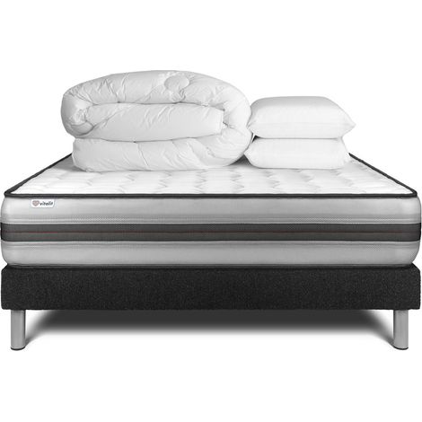 Komplettpaket Bett - Matratze 140x200 cm + Boxspringbett mit Lattenrost (im Set) + 2 Kopfkissen + Bettdecke - Vitalpower Recover