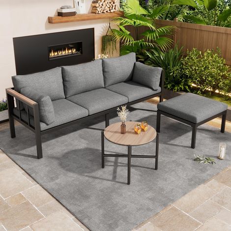 Salon de jardin d'angle, Ensemble canapé d'extérieur avec table basse et pouf pour terrasse balcon, Gris