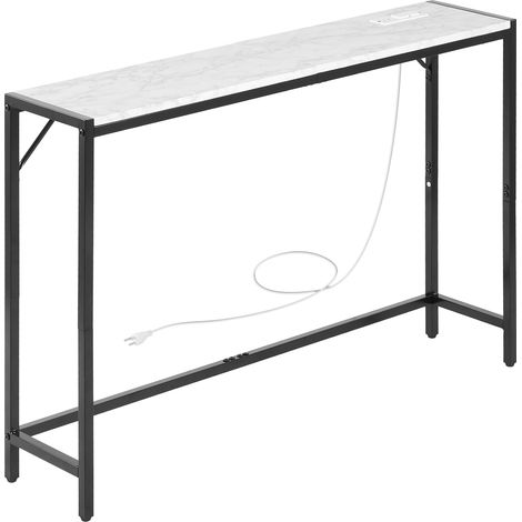 Mophorn Table de console moderne en marbre avec prise électrique, petite table d'appoint élancée en tubes de fer avec anti-basculement et support triangulaire stable, idéale pour le salon, le couloir (1/5)