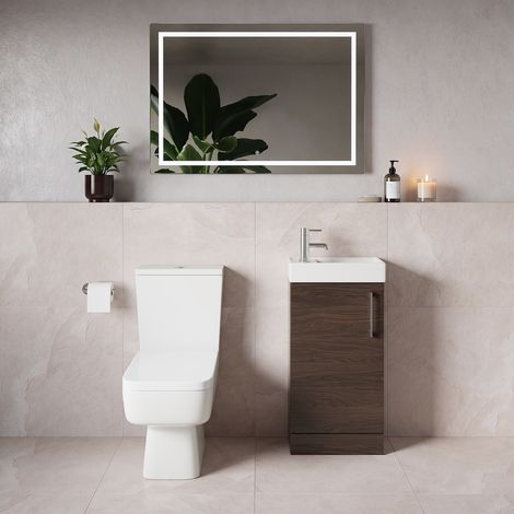 Napoli Cube Brown Oak 400mm Single Door Vanity Unit and Toilet Suite with Align Basin - 400mm - Chrome 160mm Handle