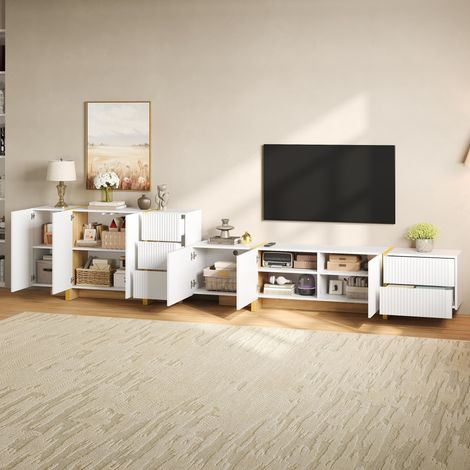 Mobile TV con credenza frontale scanalata in MDF e PB bianco OKWISH (1/5)