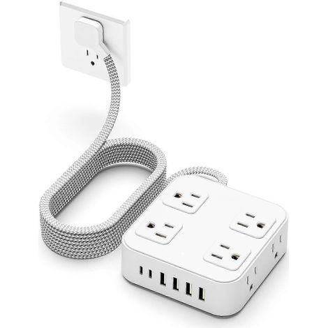 Câble d'extension plat ultra-mince (1,5 m), multiprise ultra-mince avec port USB (1 port USB-C), chargeur mural à fiche plate anti-surtension avec 3 prises. (1/5)