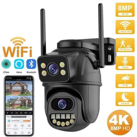 Caméra surveillance WiFi PTZ extérieure - PRUMYA - 4K 8MP - Double objectif - Suivi IA - Vision nocturne 20-25m