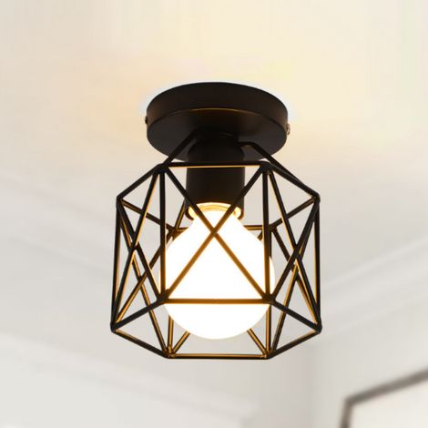 Plafonnier Industrielle en Métal Cage Carré,(Hexagone 1 Pack) Lustre Abat-jour Fer Luminaire E27 40W Noir pour Salon Chambre Bar (1/5)
