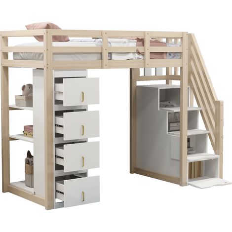 Hochbett 90 x 200 Cm Mit 4 Schubladen, Regalen Und Leiter Mit Stauraum, Ohne Matratze, Aus Holz, Naturholz (1/5)