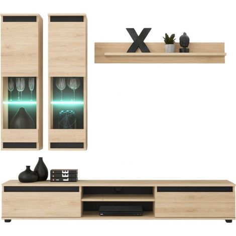 Wandkomposition DOMO – TV-Möbel, 2 hängende Vitrinen und Wandregal – Helles Eichenholz und Schwarz (1/4)