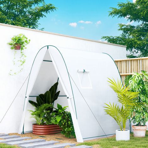 Invernadero arqueado con sacos de arena y cubierta de plástico, 2 puertas enrollables, ventanas de malla, portátil, 1,8 x 1,8 x 2 m, blanco
