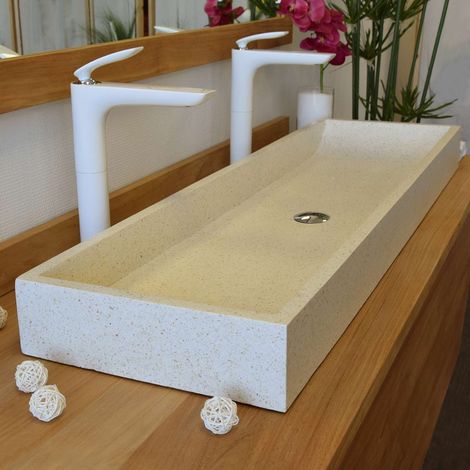 Vasque à poser en terrazzo crème 120 cm – Longueur 120 cm, largeur 35 cm, hauteur 10 cm – Percements aux normes européennes – Ocean Line