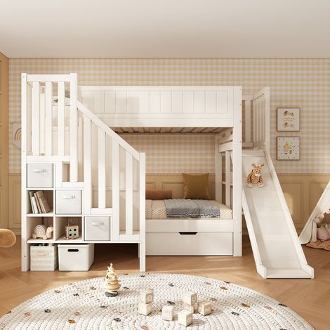 Lit superposé 90x200 cm avec toboggan commode et tiroirs blanc (1/4)