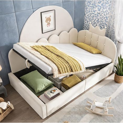 Cadre de lit beige en velours 209 x 96 x 96 cm (1/5)