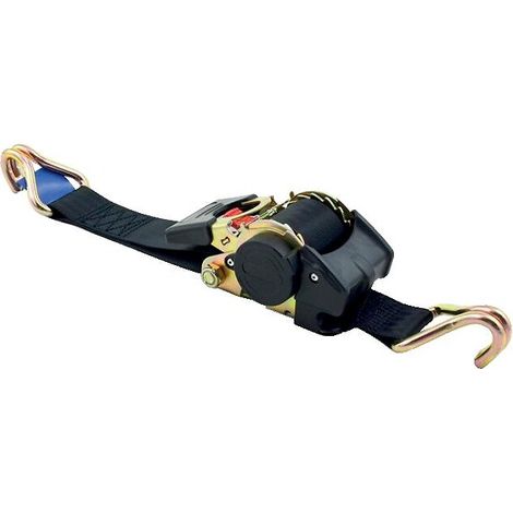 Sangle d'arrimage polyester à enrouleur automatique – Longueur 3m – Largeur 25mm – Charge maximale 300daN – Double crochet noir – Lecuyer