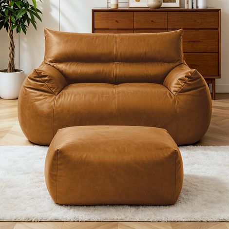 Divano pouf ergonomico XL con poggiapiedi, imbottitura densa, per soggiorno e camera da letto, tessuto tecnico marrone. (1/5)