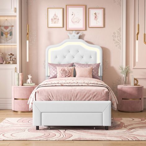 Superaly - Lit enfant capitonné 90 x 200 cm - Lit simple avec rangement - 1 tiroir - Tête de lit couronnée - Éclairage LED télécommandé - Hauteur de la tête de lit réglable - Lit fille - PU - Blanc (1/5)