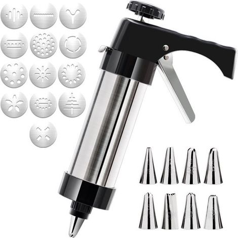 Pistola per pasticceria, pressa per dolci in acciaio inox, macchina per biscotti, pressa per biscotti con 13 stampi, 8 ugelli, pistola per decorare torte e dessert (1/4)