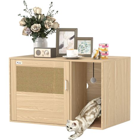 Mueble para arenero de gato, con rascador integrado, puerta de ratán, color caqui oscuro. (1/2)