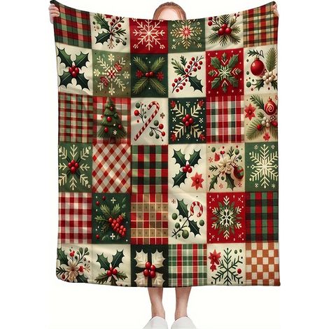 Couverture polaire patchwork « Joie de Noël » - Motif festif rouge et vert douillet, polyester doux, lavable en machine, idéale pour (1/5)