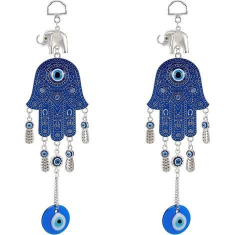 2 Pcs Turc Bleu Mauvais Œil Protection Charme avec Hamsa Main Amulette Tenture Murale Décoratif Charme Décor À La Maison pour Bonne Chance et Bénédictions