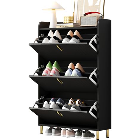 ELVMI Scarpiera con 3 Ante a Ribalta, Ripiani Regolabili e Vano Superiore per Ingresso, MDF, 80 x 23 x 123.5 cm, Nero (1/5)