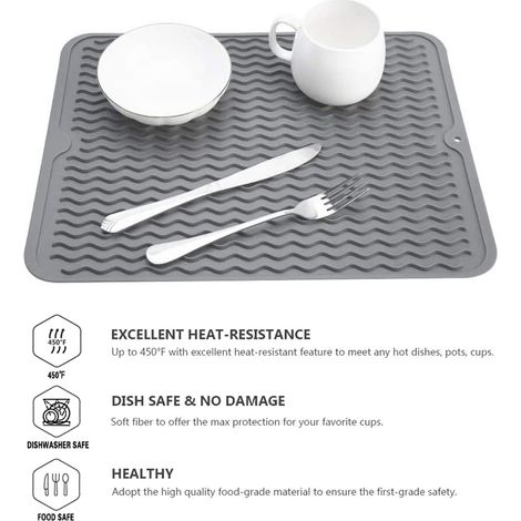 Tapis d'égouttage en silicone résistant à la chaleur, 40 x 30 cm, antidérapant, pour la vaisselle, dessous de plat et dessous de plat. (1/5)