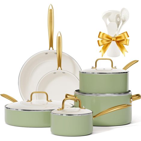 Induction Set de casseroles et poêles avec couvercles, Céramique antiadhésif Batterie de cuisine, Set d'essentiels de cuisine Poêle à frire Sauteuse Poêle à sauce Spatules (1/5)