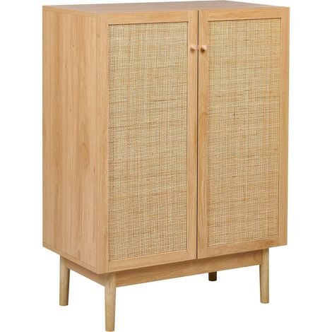 Credenza a 2 ante e 2 ripiani in truciolato di pino chiaro con fronte in rattan Nivo