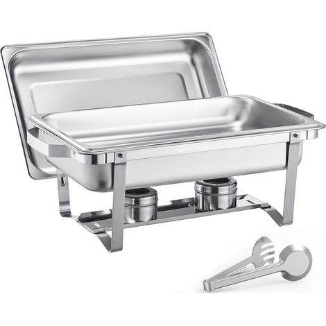 Chauffe-Plat Buffet 2 Pièces, 8 Qt, Inox Acier, avec 2 Plats Rectangulaires, Couvercle et Support, Idéal Réceptions et Banquets, Argent (1/5)