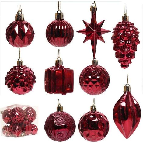 Set mit 10 Weihnachtskugeln – Klassischer Weihnachtsbaumschmuck – Weinrot – Crezuo