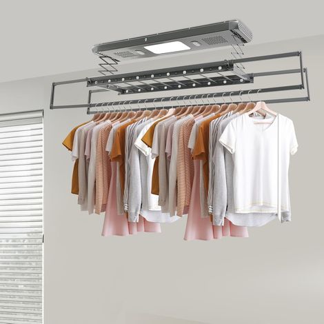 Elektrisch Decken Wäschetrockner, Ausziehbar Deckenmontage Elektrisch Wäscheständer, mit Fernbedienung und 24W 6500K LED-Beleuchtung, für Kleinen Haushalten (Eisengrau) (1/5)