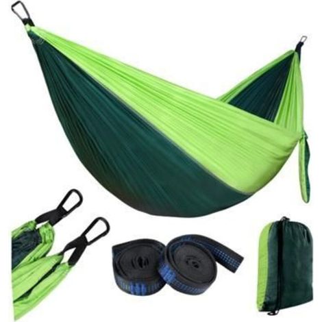 Double hammock made of 210T nylon, perfect for camping or garden use. Easy setup, measures 270 x 140 cm.