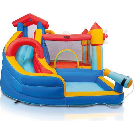 KiNDi DPZ003 Terrain de jeu gonflable avec toboggan aquatique et pataugeoire 350x300x235 cm PVC, ventilateur 450W, pour 3 enfants, multicolore (1/5)