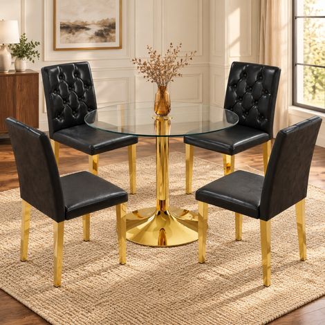 Essgruppe für 4 Personen mit rundem Glastisch Ø 85 cm und Stühlen, Schwarz und Gold (1/5)