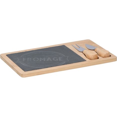 Alpina - Käseservierset - Käsebrett + Messer und Gabel 28,5 x 17 cm aus Bambus und Schiefer (1/2)