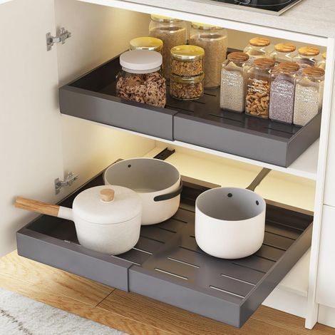 Telescopic Drawer, Kitchen Sliding Drawer, Sliding Cabinet Organizers, 2 Piece Set in Grey (1/5)