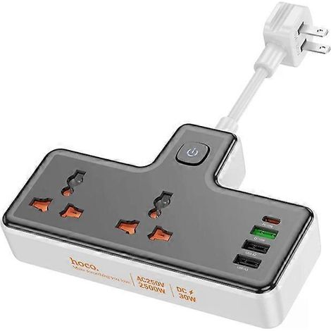 Compatible avec la multiprise hoco AC12 Reise à 2 prises, avec PD30W + 3 ports USB, longueur du câble : 8,5 cm, prise, AC12 noir. (1/5)