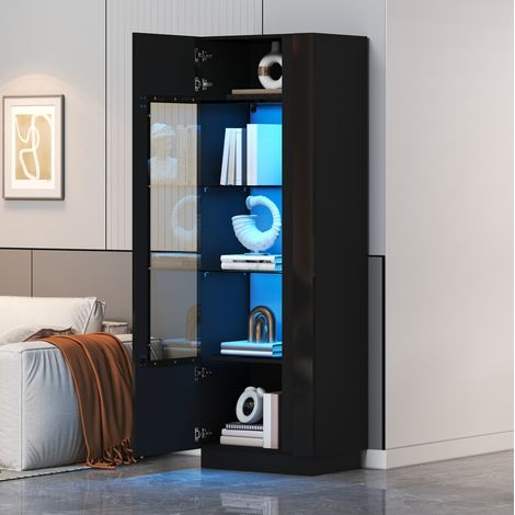 Vitrina alta 60x40x180 cm negra de aglomerado con LED para salón - MEUBLIV (1/5)