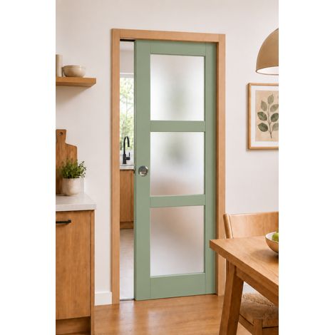 Porte Coulissante Vert Sauge Ral 6021 Vitrée H204 X L83 Cm, Galandage, Kit Finition (coquille Et Tire Doigt) Gd Menuiseries (1/4)