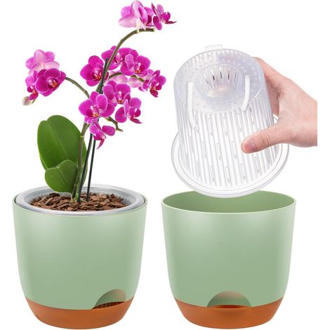 2er-Set Orchideentopf mit Selbstbewässerungssystem, 14,7 cm, Grün (1/5)