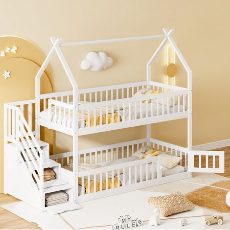 DESVIAE Lit superposé enfant 90 x 200 cm avec toit cabane escalier sécurisé tiroirs de rangement espace de jeu bois massif de pin blanc (1/5)