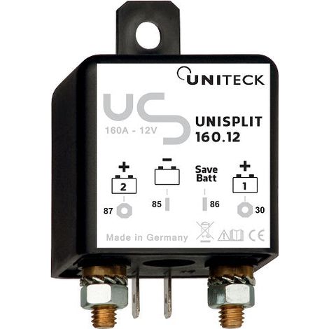 Coupleur séparateur 160A 12V UNISPLIT – Relais intelligent avec fonction Batt. Save – Protection contre décharge entre batteries – Fabrication allemande – Uniteck