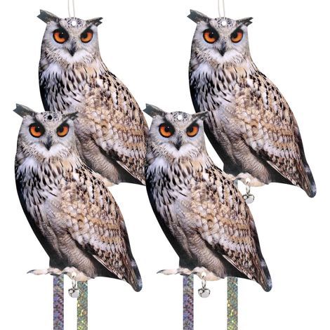 Vogelscheuche, gegen Krähen und Tauben, Taubenabwehr, eulenförmige Vogelscheuche aus Pappe, Vogelabwehrmittel mit reflektierendem Streifen für Balkon und Garten, 4er-Set (1/5)