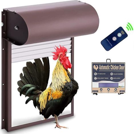 Porte Automatique poulailler programmable, ,Powerd Métal Rideau Roulant Poulailler Porte, avec Minuterie Capteur de Lumière Télécommande 3 modes Marron, (1/5)