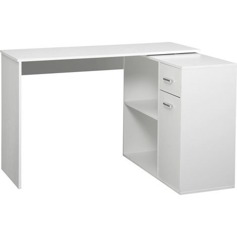 Homcom – Bureau d'angle rotatif blanc 117x82x74cm – Panneau de particules – Multi-rangements : tiroir, placard, bibliothèque – Design contemporain