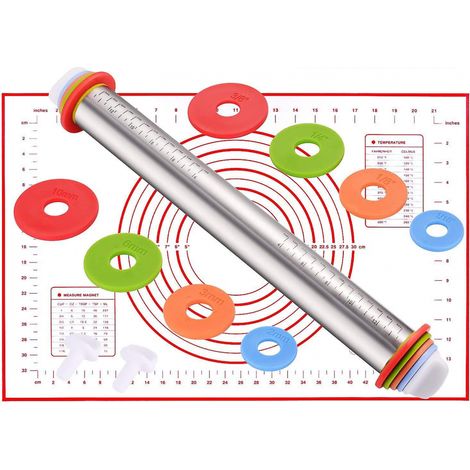 BEBUSINGOTO Rouleau à pâtisserie en acier inoxydable, rouleau à pâtisserie réglable professionnel avec 4 disques réglables et tapis de cuisson en Silicone (1/5)